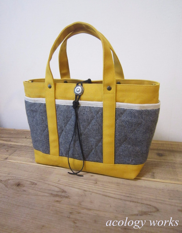 「wool tote」S　マスタード×ヘリンボーン 1枚目の画像