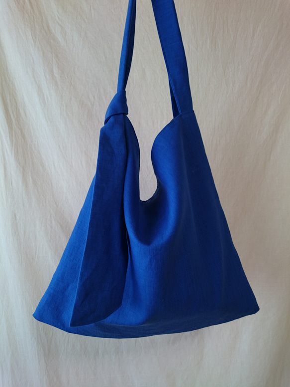 リネンのワンハンドルバッグ ■青■ 3枚目の画像