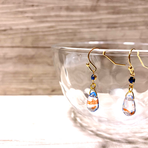 再販 一粒シリーズ セブ島の海の色 ブルー&オレンジガラス ゴールド