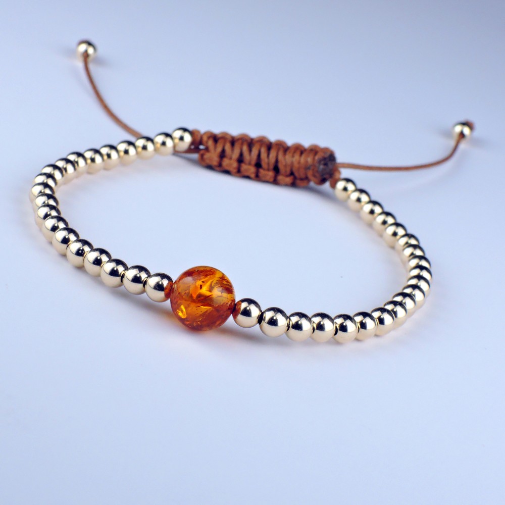 天然琥珀＆14KGFコニャックアンバーの凛とした美しいブレスレット：BOGC050056
