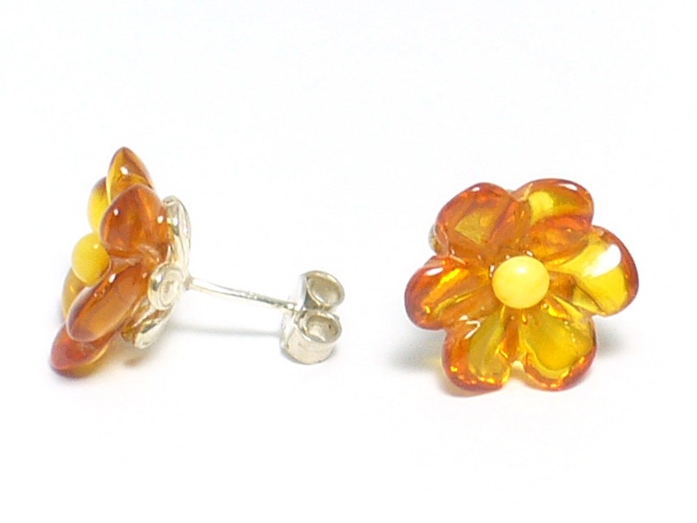 天然琥珀カメオピアス、花：ＹHBA029116