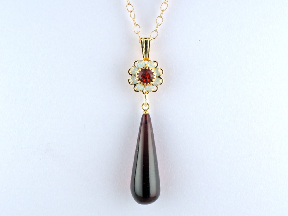 天然琥珀の溢れる艶めき華やかなヴィンテージスワロフスキーのペンダントPNFC018040