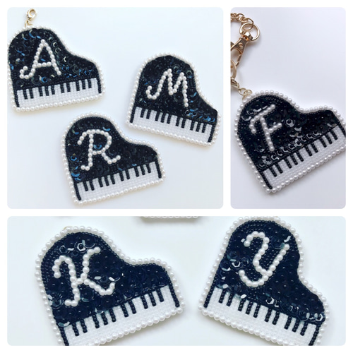 レッスンバッグ♡鍵盤ハーモニカ♡リバティ柄♡名入れ・イニシャル刺繍可♡ ピアノのビーズ刺繍イニシャルバッグチャーム【受注製作