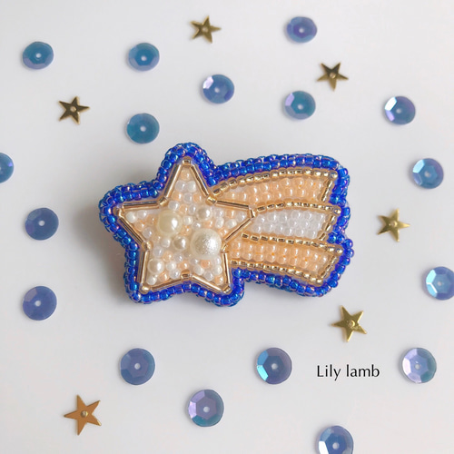夜空に降る流れ星のビーズ刺繍ブローチorヘアゴム【受注製作