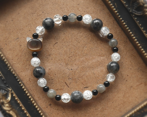 くろねこブレスレット オニキス・ラルビカイト・ラブラドライト・水晶