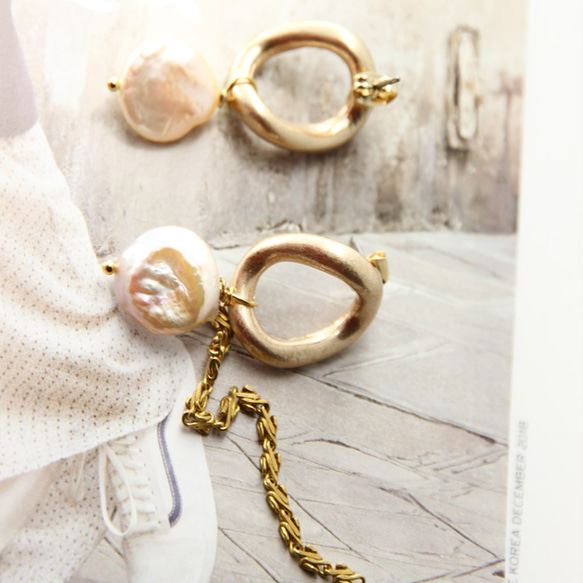絕色黃銅系列- 淡水珍珠與黃銅 純境之光耳飾AG FASHION 第2張的照片