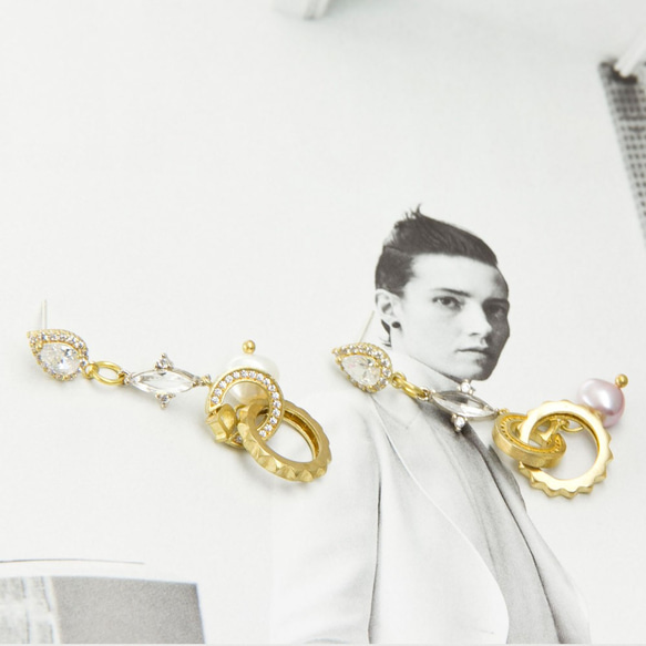 絕色黃銅 新銳設計師展售系列-  蘇聯鑽與時輪幾何 珍珠耳飾AG FASHION 第3張的照片