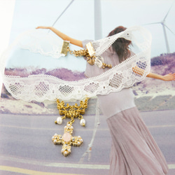 華麗頸鍊系列-叛逆奢華 韓國素材手作珍珠十字頸鍊 AG FASHION 第2張的照片