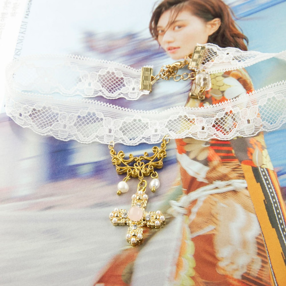 華麗頸鍊系列-叛逆奢華 韓國素材手作珍珠十字頸鍊 AG FASHION 第5張的照片