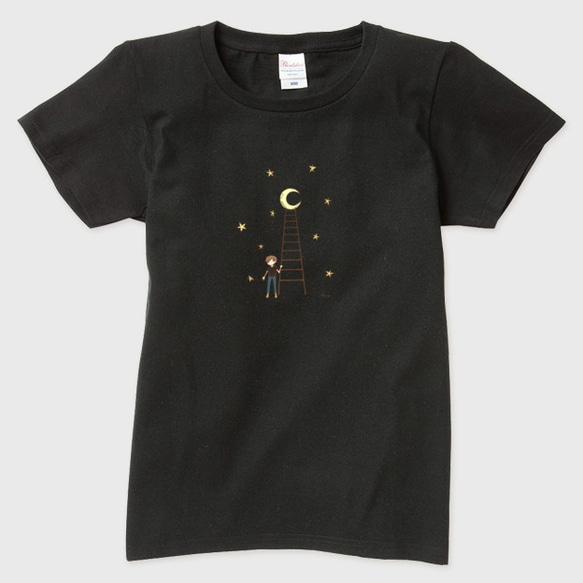 月にはしご（黒）-こびとイラストのTシャツ 1枚目の画像
