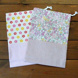 巾着（給食袋）　花柄・ピンク　２点セット　⑫ 1枚目の画像
