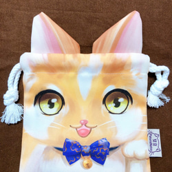 プルイヤーアニマルシェイプ巾着袋-オレンジと白猫（第2世代） 1枚目の画像