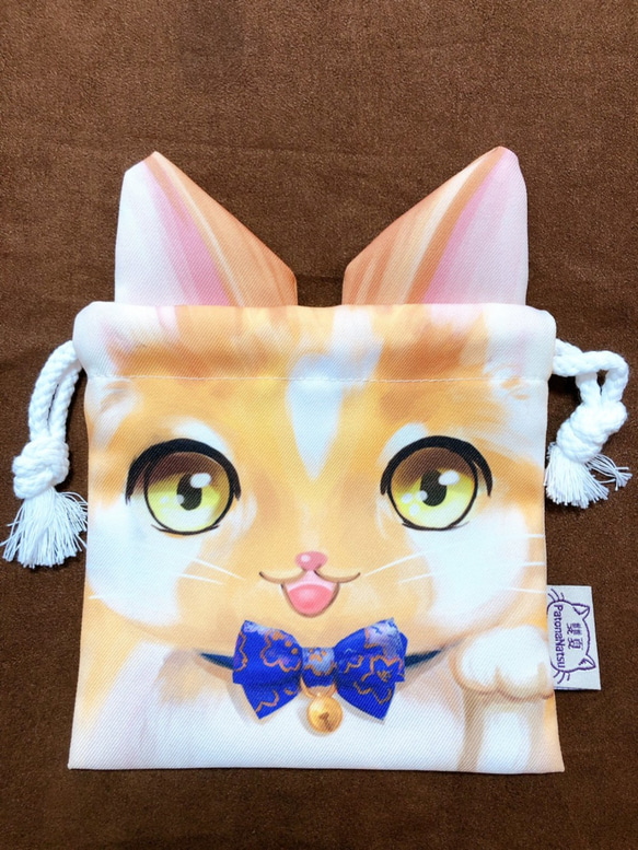 プルイヤーアニマルシェイプ巾着袋-オレンジと白猫（第2世代） 1枚目の画像