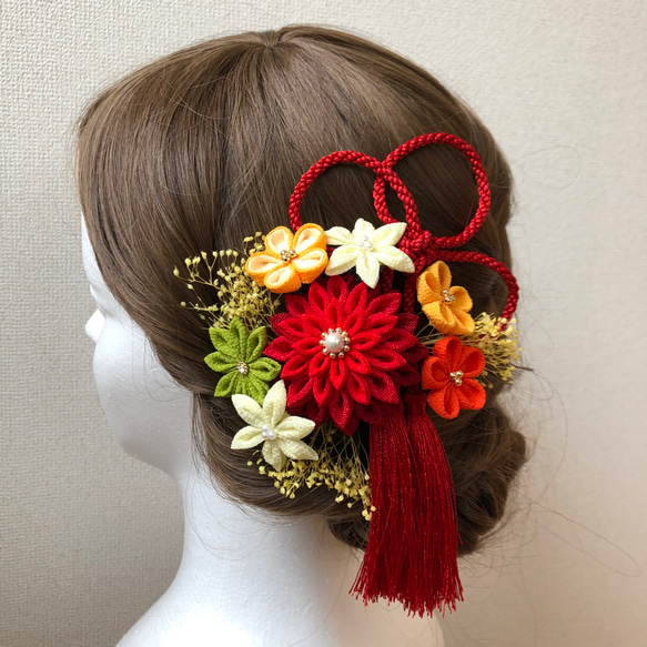 成人式/卒業式/和装ブライダル　つまみ細工の髪飾り ダリア赤 2枚目の画像
