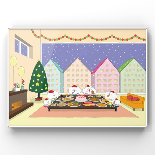 クリスマスパーティーをする猫達(A4サイズ) 額縁なし イラスト クリスマスパーティーをする猫達(A4サイズ) 額縁なし イラスト