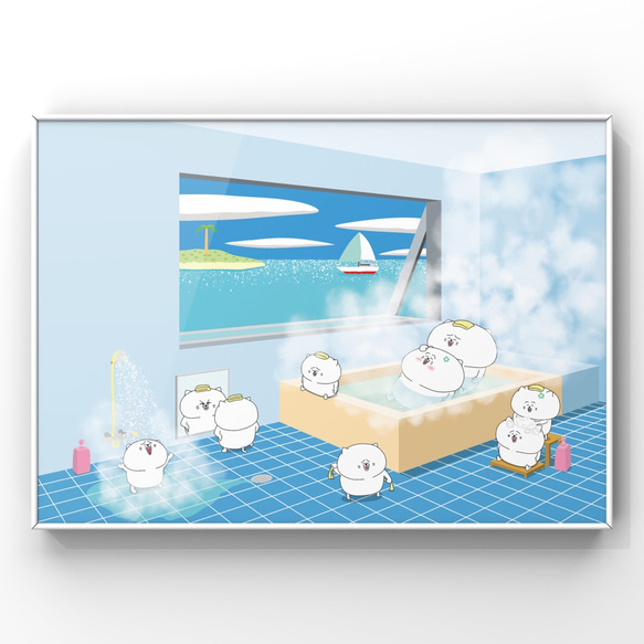 お風呂に入る猫達(A4サイズ)猫　絵　イラスト　絵画　可愛い　額入り　インテリア　飾る　雑貨　面白い　楽しい　食べ物 1枚目の画像