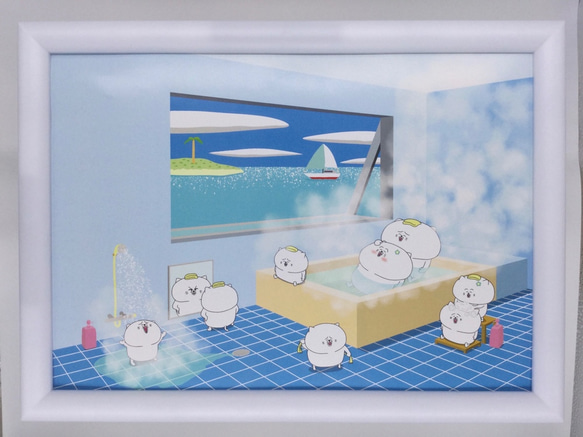 お風呂に入る猫達(A4サイズ)猫　絵　イラスト　絵画　可愛い　額入り　インテリア　飾る　雑貨　面白い　楽しい　食べ物 2枚目の画像