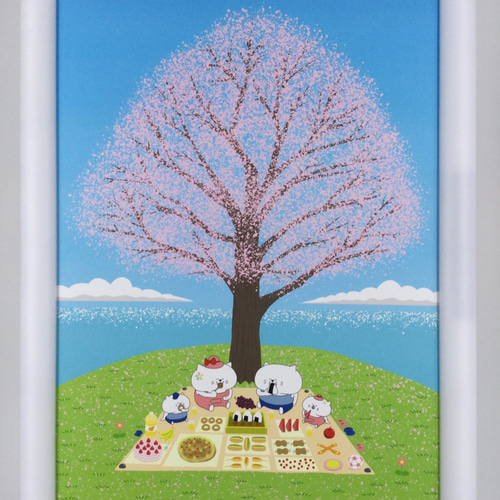 ピクニックをする猫達(A4サイズ) 額縁なし 絵画 ネコモトタロウ