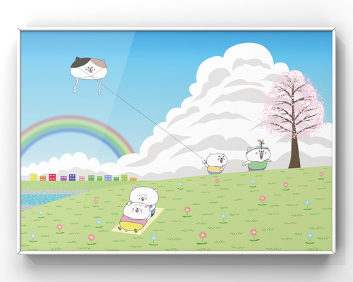 タコ上げをする猫達と猫夫婦（A4サイズ）額縁あり 絵画 ネコモトタロウ