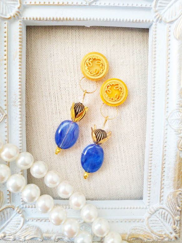 ☆Vintage☆マスタードイエロー×ロイヤルブルーな綺麗色ピアス 