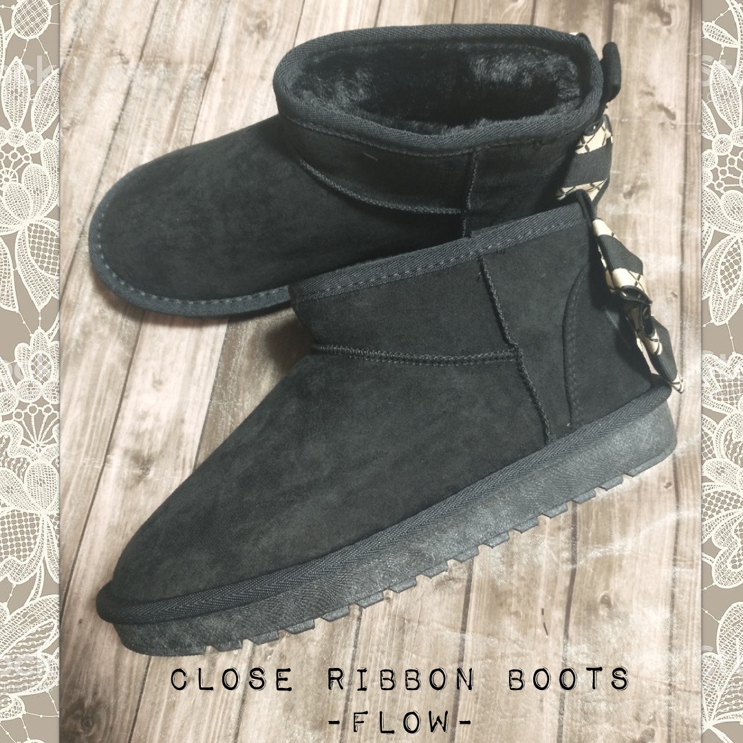 【S〜LL】ジャガードリボンムートンブーツbk/ショートミニ丈