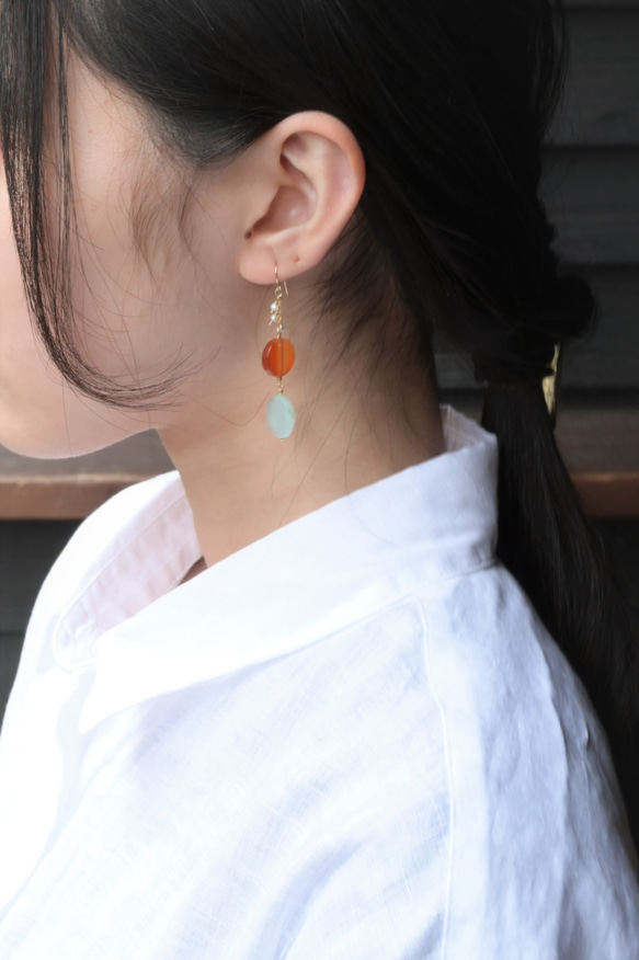 Carnelian×Blue Opal×Freshwater pearl　pierced earrings 4枚目の画像