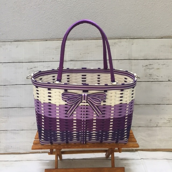 シングアウト！カラー】ダブルリボンのクラフトかごバッグ（ML