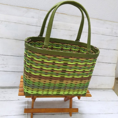 グリーンミックスカラーのかごバッグ（ML） かごバッグ kagibari-emi