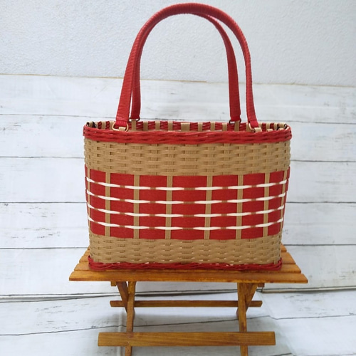 限定セール】レッド＆クラフトカラーのクラフトかごバッグ（ML