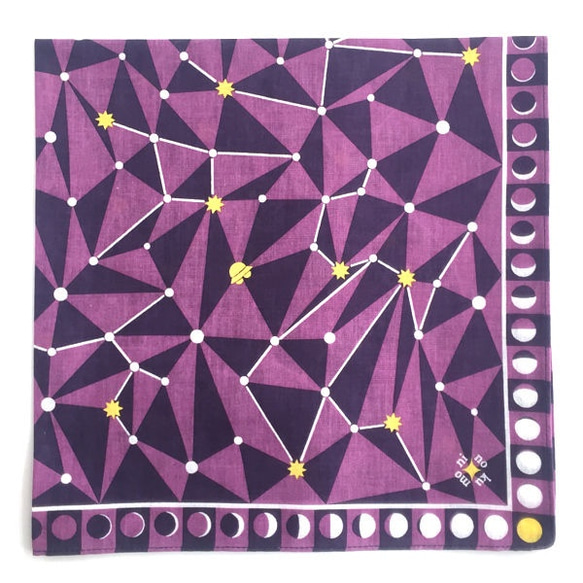 星座と月の満ち欠け柄ハンカチ（パープル）【ninokumo - ニノクモ - 布