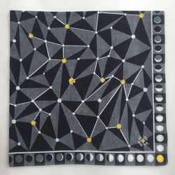 ★月の満ち欠け模様の袋帯　o-55 shesay】月の満ち欠けにきらめく星の刺繍をほどこしたブロックプリント