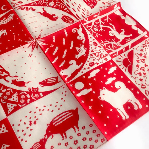 2021年丑年：干支ハンカチ（レッド）うし年・子丑寅卯辰巳午未申酉戌亥