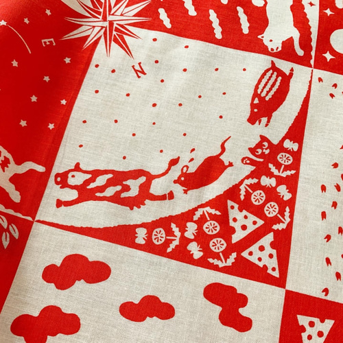 2021年丑年：干支ハンカチ（レッド）うし年・子丑寅卯辰巳午未申酉戌亥