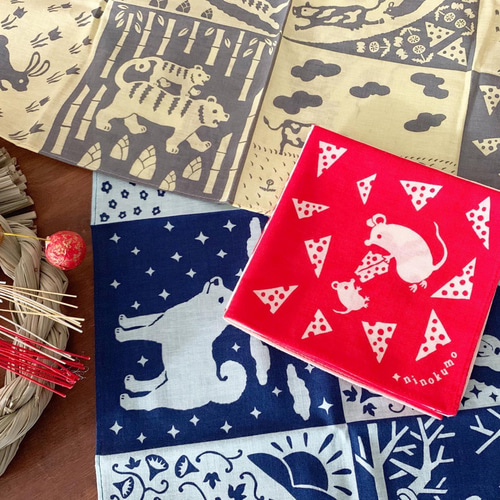 干支ハンカチ（イエロー）子丑寅卯辰巳午未申酉戌亥【ninokumo