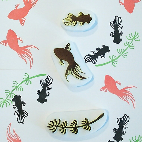 風流な金魚の消しゴムはんこ3点セット[御朱印•暑中見舞い•ポストカード 