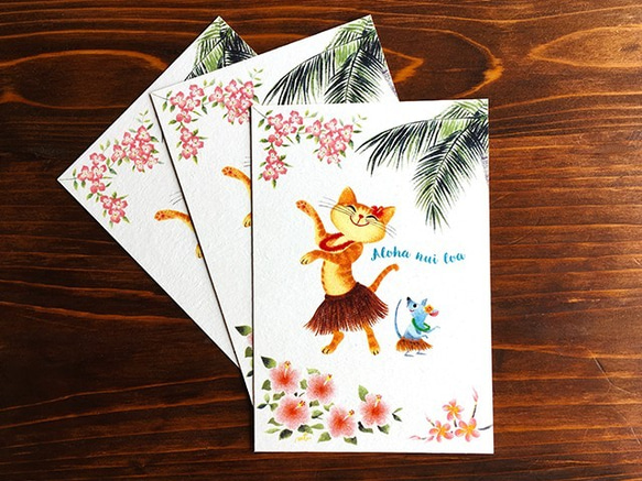 U.ポストカード3枚セット［ネコとネズミのフラダンス “花”］ 1枚目の画像