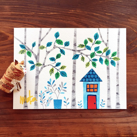 イラスト原画［猫の庭］コルク猫と木製フレーム付き 3枚目の画像