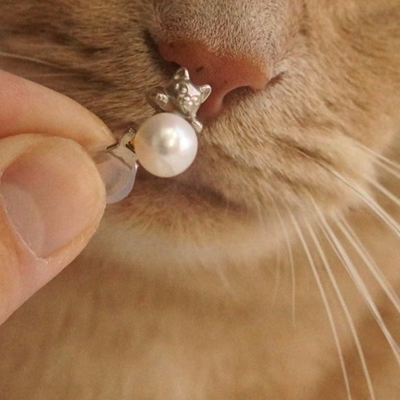 珍珠和貓咪的夾式耳環／銀 單耳 第5張的照片