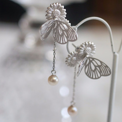 雛菊與白粉蝶的淡水珍珠耳環（單耳）銀 第3張的照片