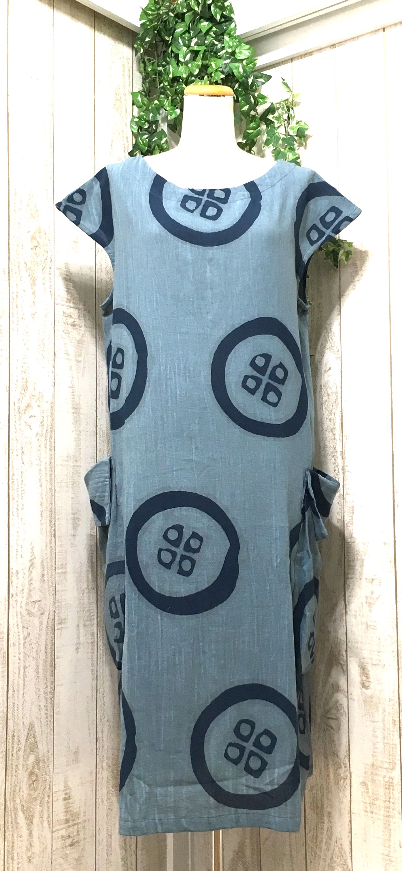 家紋藍☆手書き綿☆ろうけつ染め☆ワンピース☆コットン☆Mi030-C11P☆hoshinoko☆星のこ工房