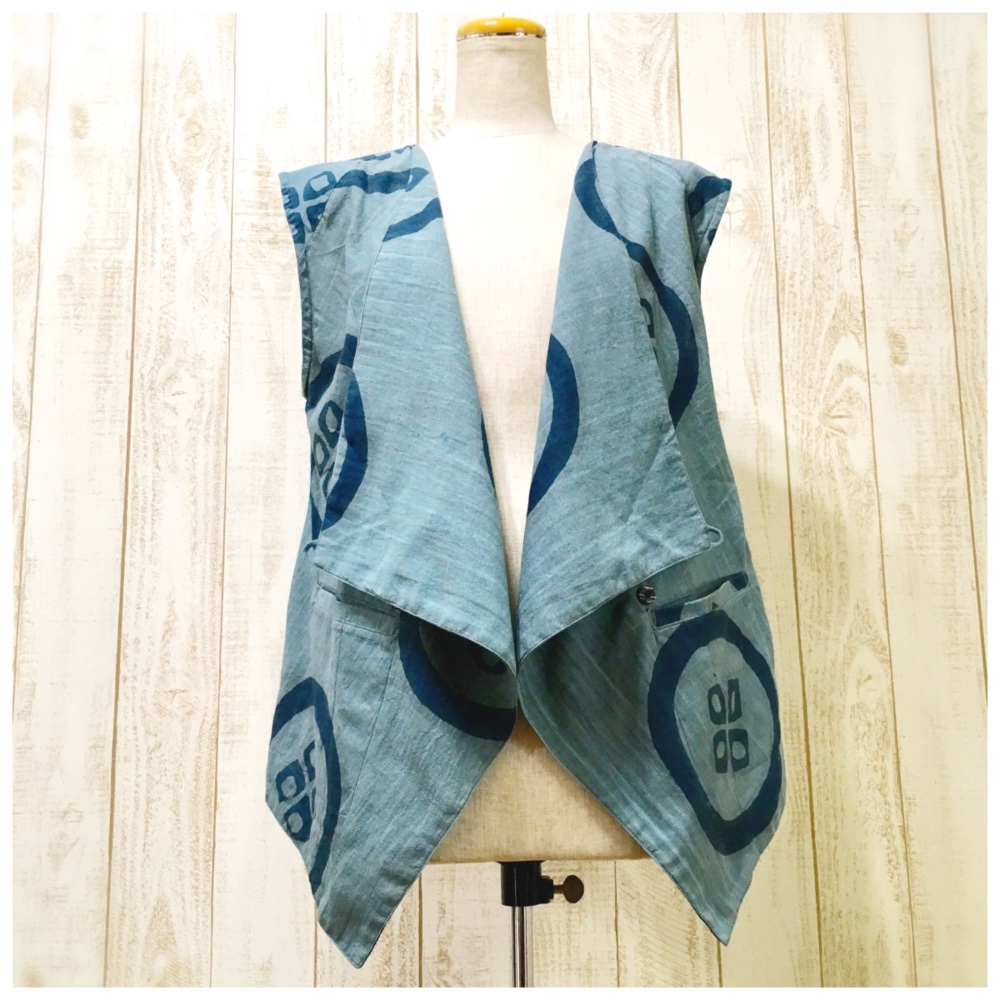 家紋藍☆手書き綿☆ろうけつ染め☆ベスト☆コットン☆Mi026-C11P☆hoshinoko☆星のこ工房