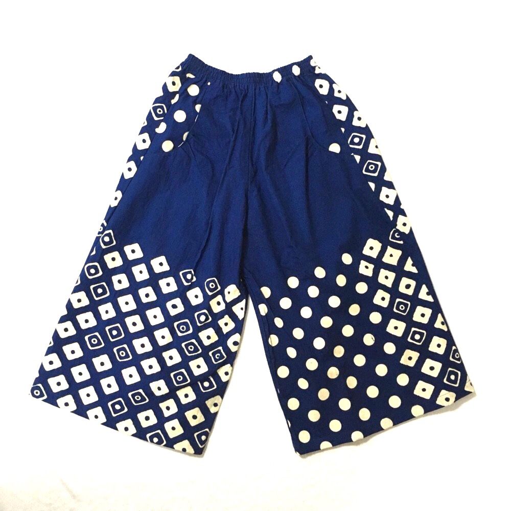 鹿の子とドット藍色☆手捺染☆手書き綿☆ガウチョパンツ☆コットン☆Mi017-C1P☆hoshinoko☆星のこ工房