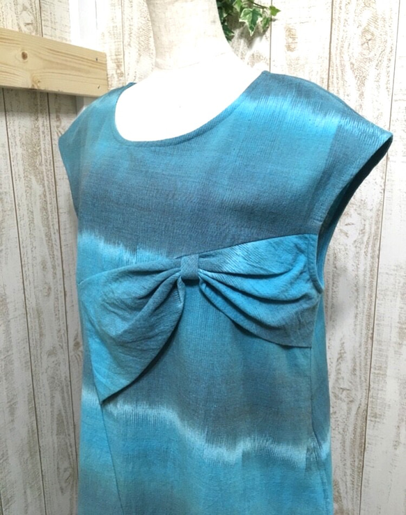 Sold out大きなリボンワンピース【手織り】コットントルコブルー☆１５Ｐ-62☆手紡ぎ手染め藍 4枚目の画像