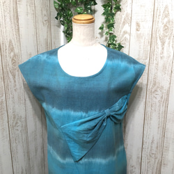 Sold out大きなリボンワンピース【手織り】コットントルコブルー☆１５Ｐ-62☆手紡ぎ手染め藍 8枚目の画像