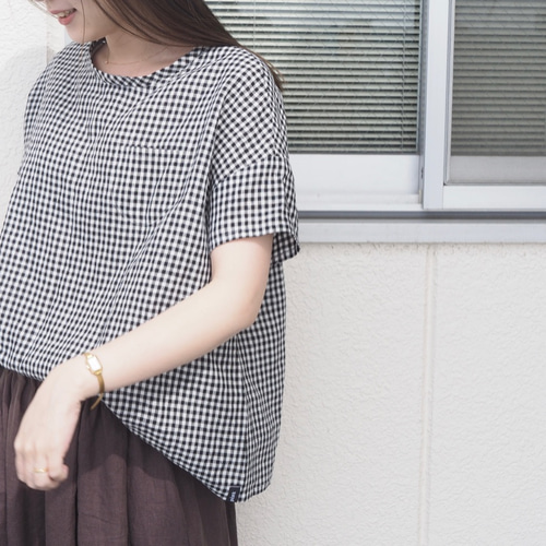 リネン半袖ギンガムチェックトップス No.153 ブラウス Mauve