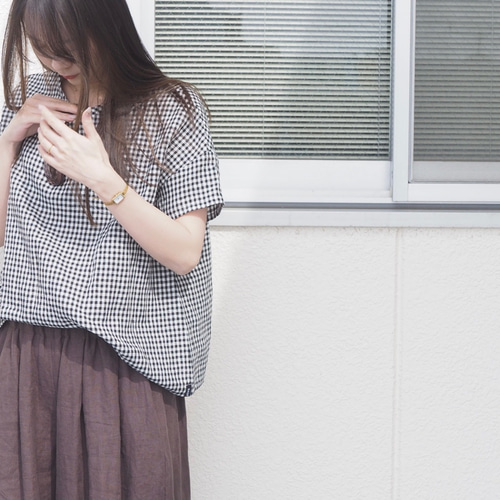 リネン半袖ギンガムチェックトップス No.153 ブラウス Mauve