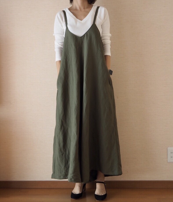 SML長短選べます＊大人のワイドサロペットパンツ カーキ No.72