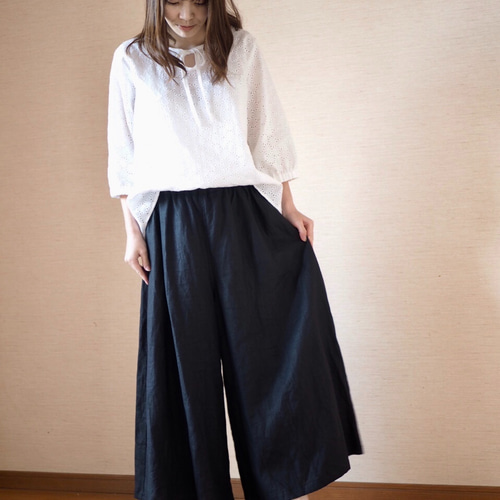 オーダーメイド　リネン　ワイドパンツ　黒 ロングワイドパンツ リネン黒 No.68 キュロット・ワイドパンツ