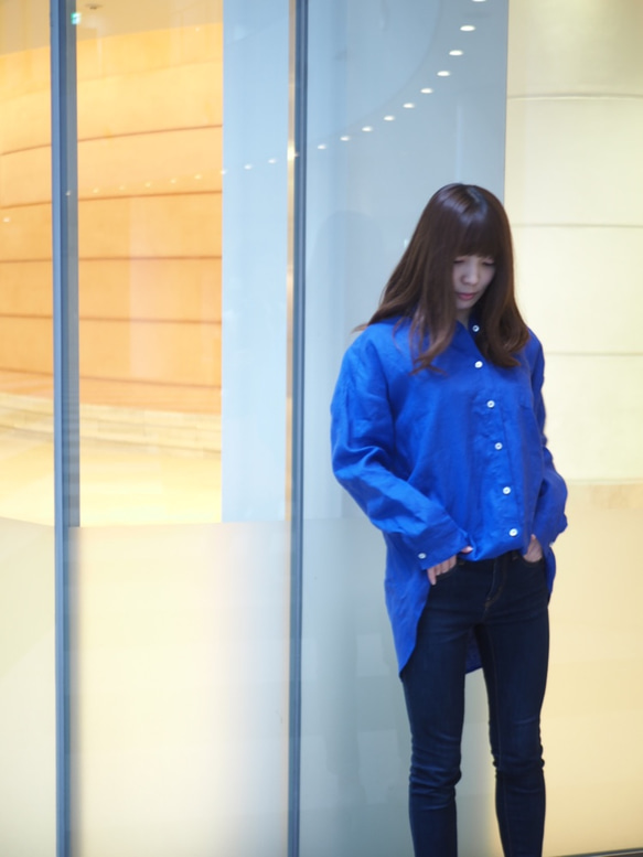 キラッとカフスボタンのリネンシャツ ブルー  No.32 5枚目の画像
