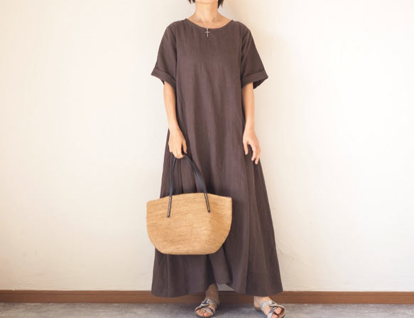 A線短袖連衣裙亞麻棕色 No.99-05 第8張的照片